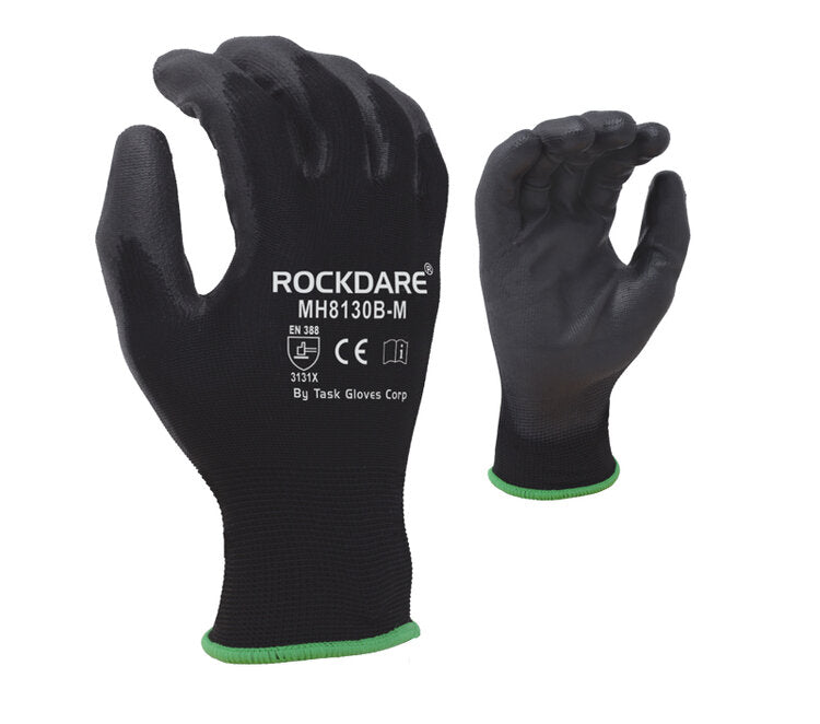 TASK GLOVES - 13 Gauge Black Gloves, Polyester Shell, Black Polyurethane Palm Coated - Quantity 12 Pair