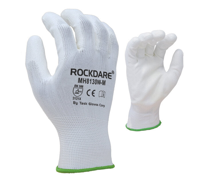 TASK GLOVES - 13 Gauge Black Gloves, Polyester Shell, White Polyurethane Palm Coated - Quantity 12 Pair