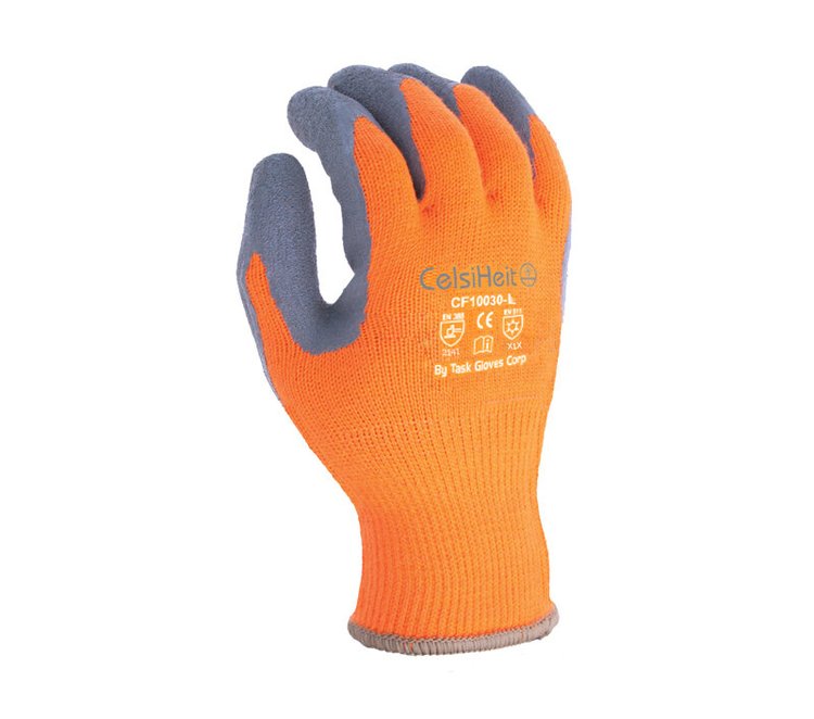 TASK GLOVES - Thermal coated Hi-Vis Orange Gloves, Acrylic insulation, Gray Latex coating palm and fingers - Quantity 12 Pair