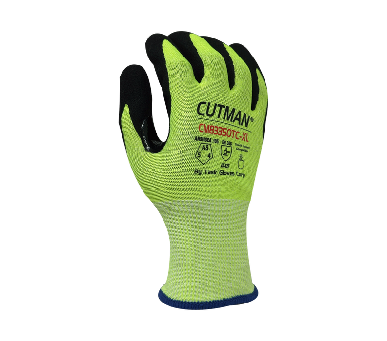 TASK GLOVES - CUTMAN® - 18 Gauge Gloves, Hi-Vis Yellow HDPE + Stainless Steel Liner Black Sandy-Foam Nitrile Palm Coated (ANSI CUT A8) with Reinforced Thumb Saddle Touch Screen Compatible - Quantity 12 Pair