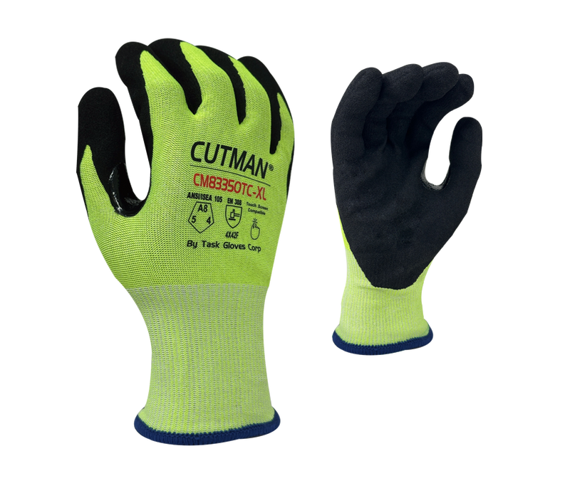 TASK GLOVES - CUTMAN® - 18 Gauge Gloves, Hi-Vis Yellow HDPE + Stainless Steel Liner Black Sandy-Foam Nitrile Palm Coated (ANSI CUT A8) with Reinforced Thumb Saddle Touch Screen Compatible - Quantity 12 Pair
