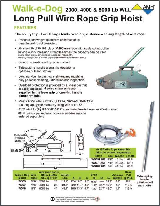 Walk-e-Dog Long Pull Wire Rope Grip Hoist