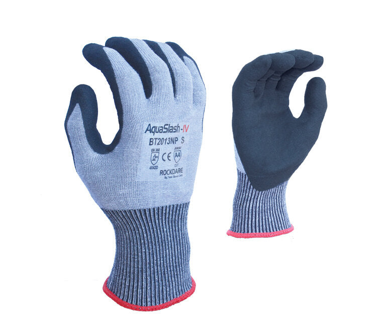 TASK GLOVES - AquaSlash - 13 Gauge Gray Gloves, HDPE shell, Double dipped Nitrile palm coated with Black Sandy Nitrile finish, ANSI A4 - Quantity 12 Pair