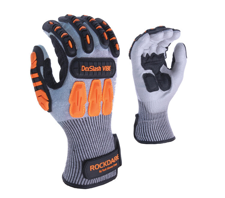 TASK GLOVES - DexSlash Vibe - 13 Gauge Gloves, HDPE shell, Polyurethane palm coated, EVA palm padding, Orange & Black TPR back, ANSI A4 - Quantity 12 Pair