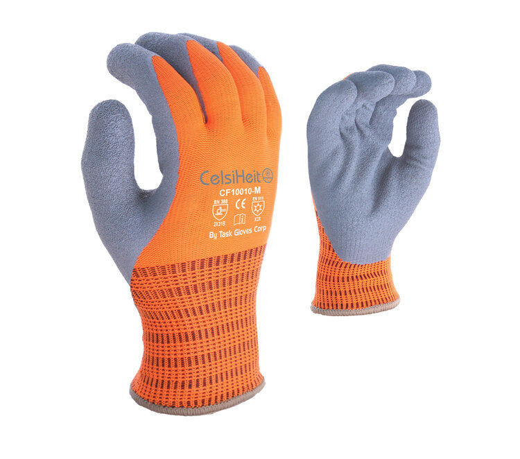 TASK GLOVES - (CT3001) Heavy Thermal coated Hi-Vis Orange Gloves, Double layered Acrylic insulation, Gray Latex palm coated - Quantity 12 Pair
