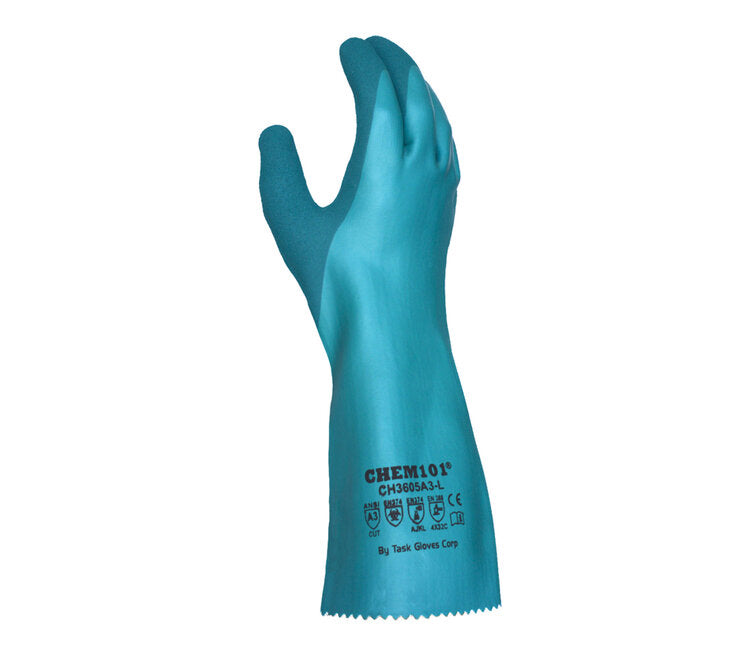 TASK GLOVES - CHEM101® - Triple Dipped Nitrile, Sandy Finish, 12" length, 18 Gauge Gloves, HDPE liner, ANSI A3 - Quantity 12 Pair