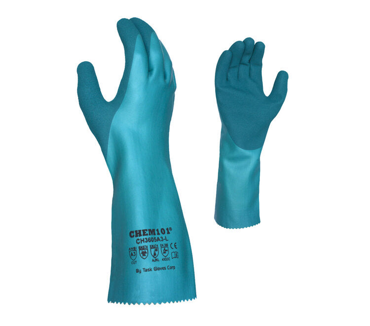 TASK GLOVES - CHEM101® - Triple Dipped Nitrile, Sandy Finish, 12" length, 18 Gauge Gloves, HDPE liner, ANSI A3 - Quantity 12 Pair
