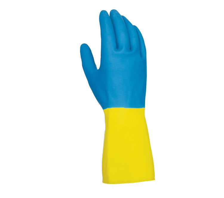 TASK GLOVES - 28 mil Blue Neoprene over Yellow Latex Gloves, 13" length, Flock Lined, Diamond shaped grip - Quantity 12 Pair