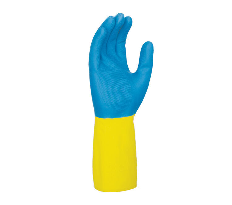 TASK GLOVES - 28 mil Blue Neoprene over Yellow Latex Gloves, 13" length, Flock Lined, Diamond shaped grip - Quantity 12 Pair