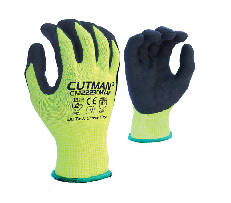 TASK GLOVES - CUTMAN® -13 Gauge Hi-Viz Gloves, HDPE, Micro-Foam Nitrile Coated, ANSI A2 - Quantity 12 Pair