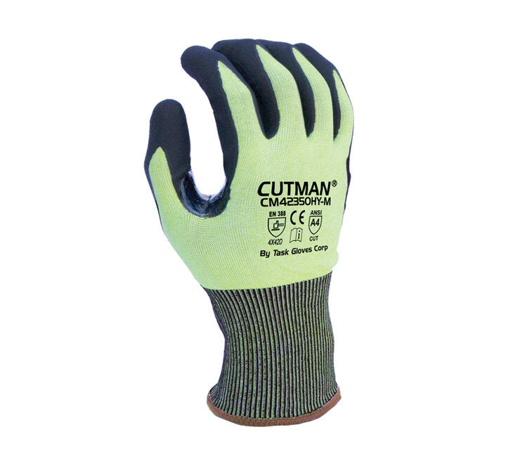 TASK GLOVES - CUTMAN® - 18 Gauge Hi-Vis Yellow Gloves, HDPE shell, Black Micro-Foam Nitrile Palm coated, Reinforced Thumb Saddle, ANSI A4, Touchscreen compatible - Quantity 12 Pair