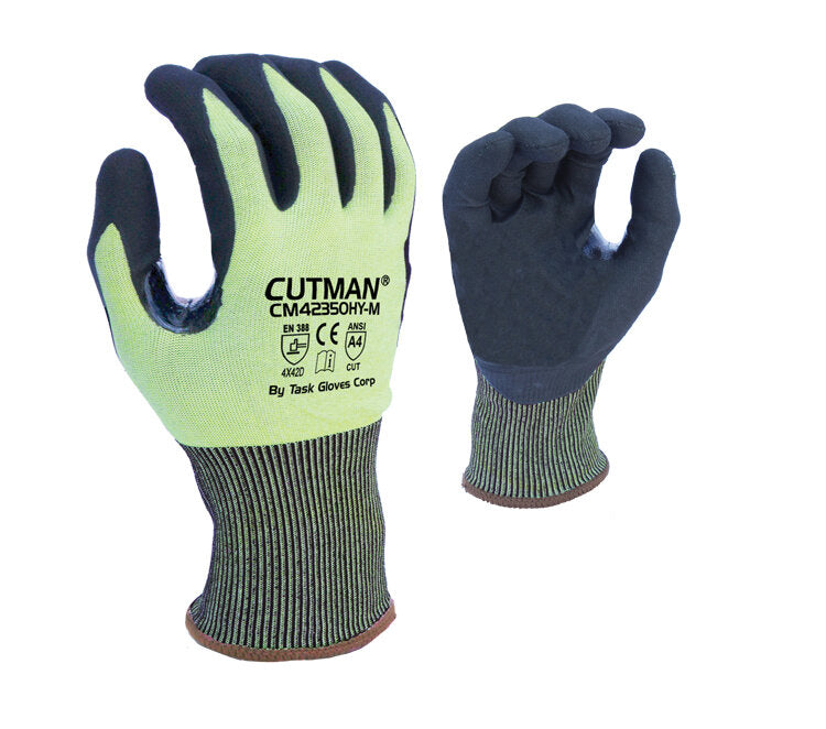 TASK GLOVES - CUTMAN® - 18 Gauge Hi-Vis Yellow Gloves, HDPE shell, Black Micro-Foam Nitrile Palm coated, Reinforced Thumb Saddle, ANSI A4, Touchscreen compatible - Quantity 12 Pair