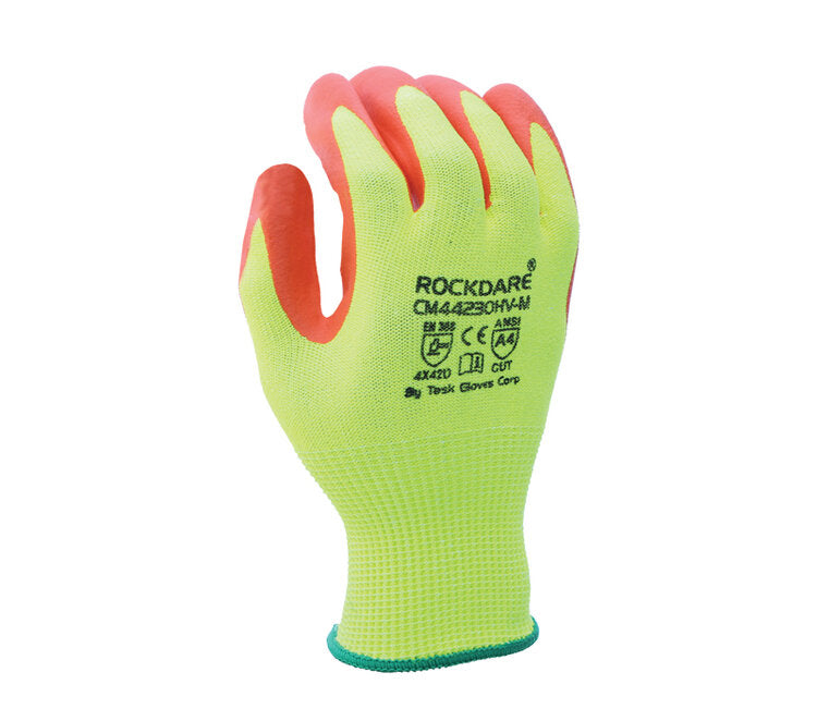 TASK GLOVES - CUTMAN® - 13 Gauge Hi-Viz Yellow Gloves, HDPE shell, Hi-Vis Orange Foam Nitrile Palm coated, ANSI A4 - Quantity 12 Pair
