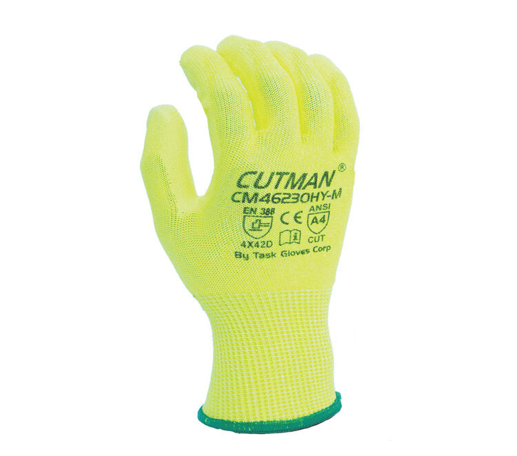 TASK GLOVES - CUTMAN® - 13 Gauge Hi-Vis Yellow Gloves, HDPE shell , Hi-Vis Polyurethane palm coated, ANSI A4 - Quantity 12 Pair