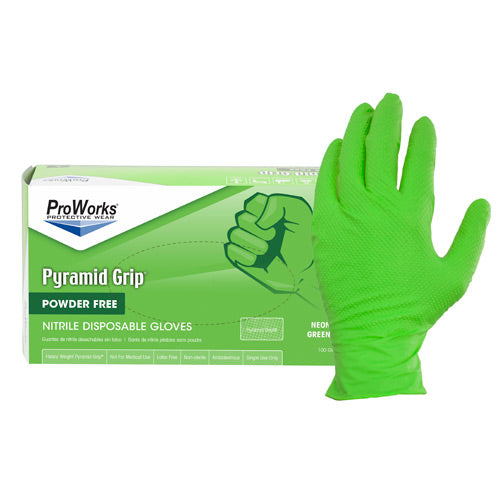 Adenna Catch ProWorks Pyramid Grip Neon Green Nitrile Disposable Gloves Powder Free, 8.5 Mil - LxBox (100)