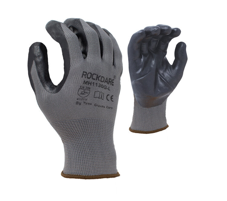 TASK GLOVES - 13 Gauge Gray Gloves, Polyester Shell, Black Nitrile Palm Coated - VEND PACK - Quantity 12 Pair