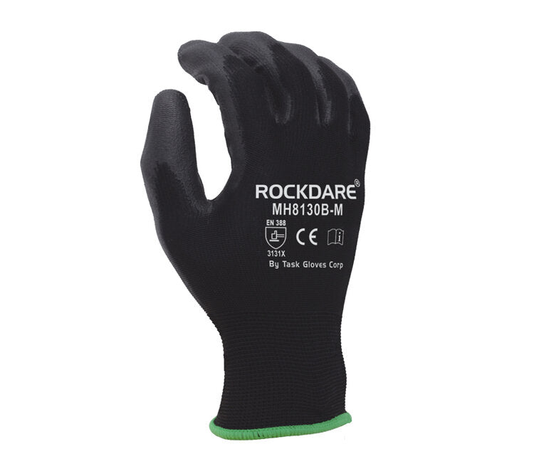 TASK GLOVES - 13 Gauge Black Gloves, Polyester Shell, Black Polyurethane Palm Coated - Quantity 12 Pair
