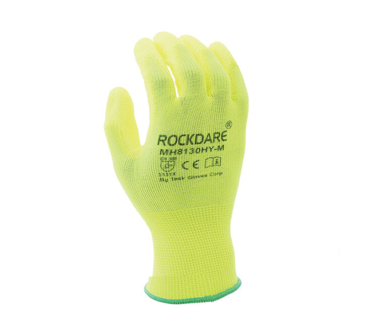 TASK GLOVES - 13 Gauge Hi-Vis Yellow Gloves, Polyester shell, Yellow Polyurethane palm coated- VEND PACKAGING - Quantity 12 Pair