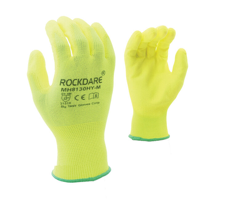 TASK GLOVES - 13 Gauge Hi-Vis Yellow Gloves, Polyester shell, Yellow Polyurethane palm coated - Quantity 12 Pair
