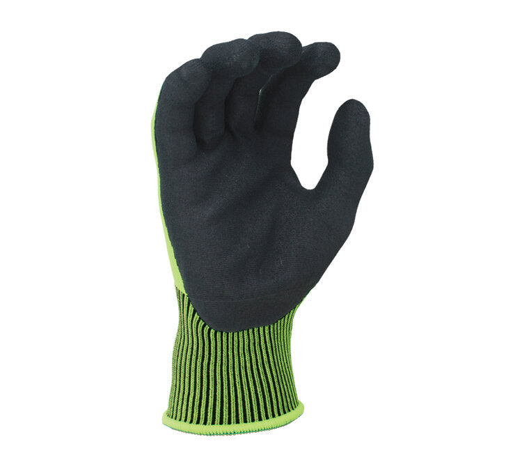 TASK GLOVES - Battle Fit - 13 Gauge Hi-Vis Yellow Gloves, Polyester shell, Black Sandy Foam Nitrile Palm coated - Quantity 12 Pair