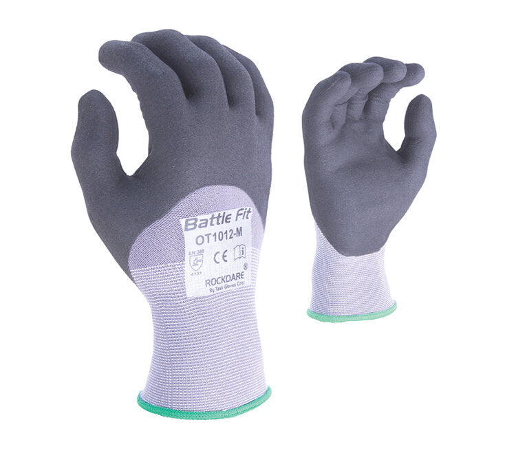 TASK GLOVES - Battle Fit - 15 Gauge Gray Gloves, Nylon shell, Black Micro-Foam Nitrile 3/4 coated - Quantity 12 Pair