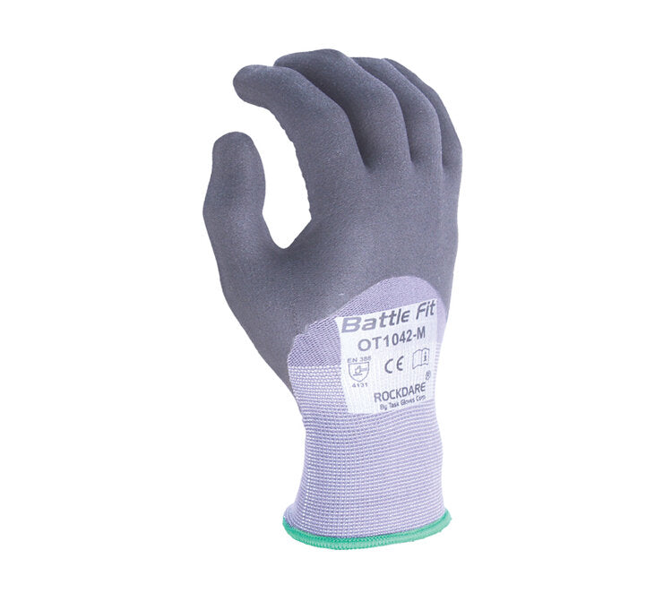 TASK GLOVES - Battle Fit - 15 Gauge Gray Gloves, Nylon shell, Black Micro-Foam Nitrile 3/4 coated with Nitrile dots - Quantity 12 Pair