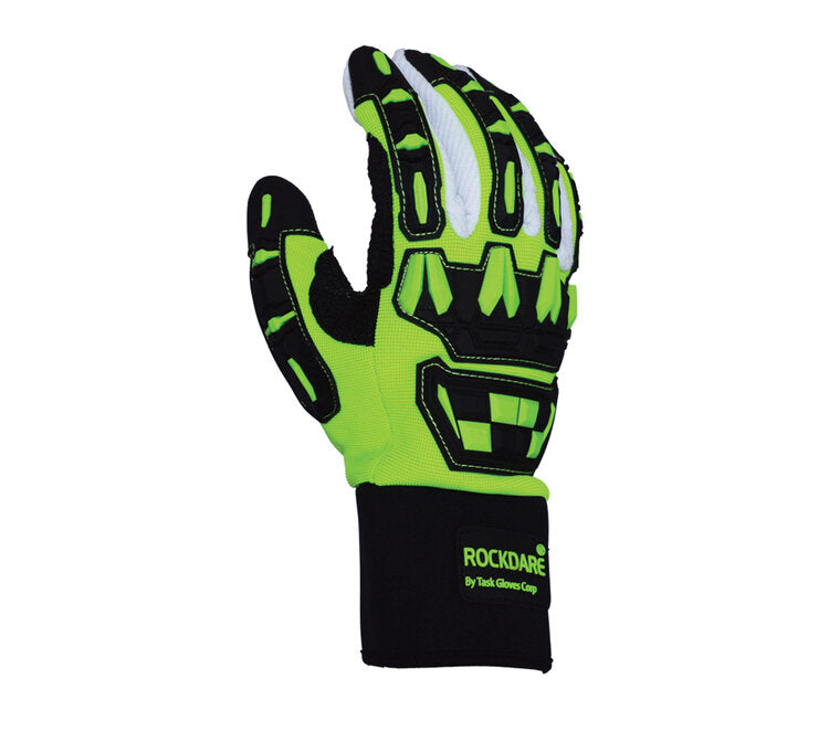 TASK GLOVES - Hi-Vis Green Gloves, Spandex back, Cotton Corded Palm, Reinforced Thumb Saddle, Neoprene cuff, TPR back - Quantity 12 Pair