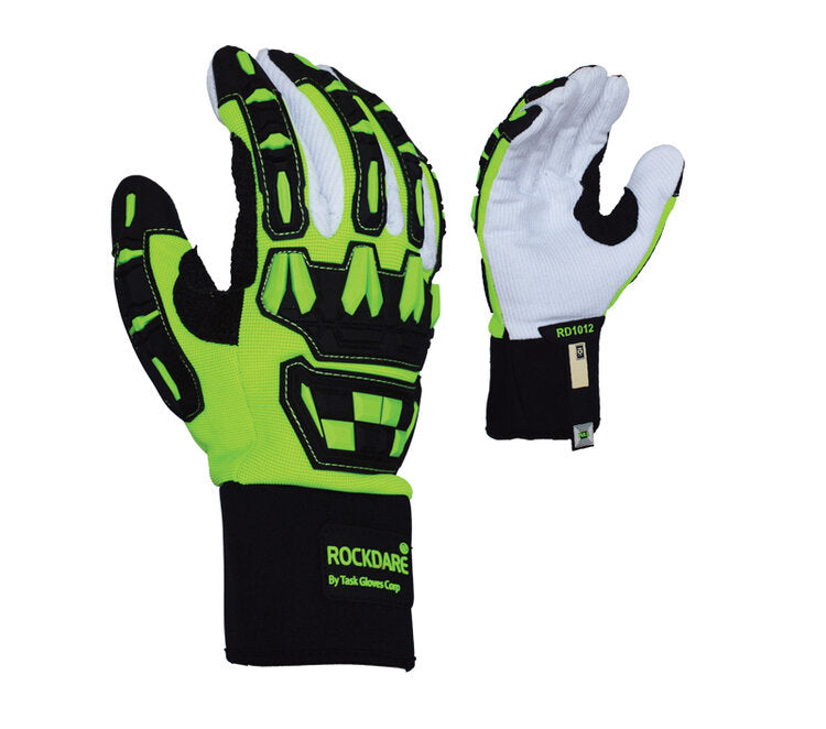 TASK GLOVES - Hi-Vis Green Gloves, Spandex back, Cotton Corded Palm, Reinforced Thumb Saddle, Neoprene cuff, TPR back - Quantity 12 Pair
