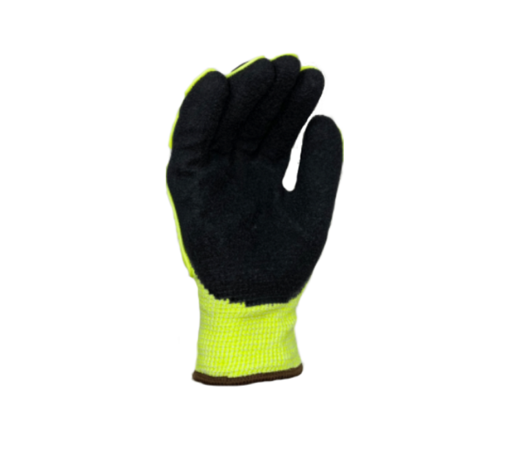 TASK GLOVES - Black Crinkle Latex palm coated, 13 Gauge Gloves, Hi-Vis Yellow HDPE shell, Acrylic Lined, Hi-Vis Yellow TPR back, PVC Waterproof barrier, ANSI CUT A5 - Quantity 12 Pair