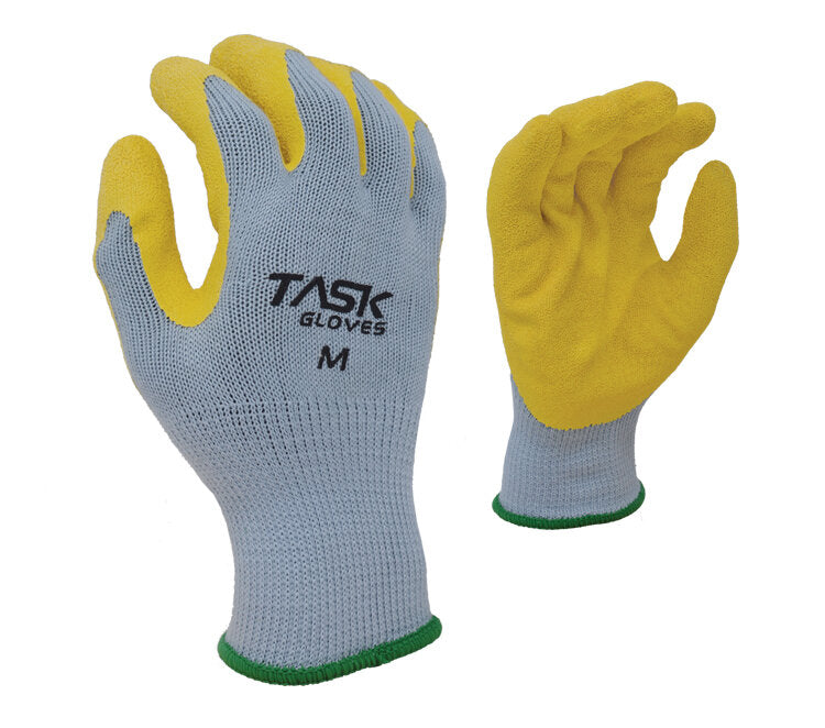 TASK GLOVES - 10 Gauge Gray Gloves, Cotton/Polyester shell, Yellow Crinkle Latex palm coated - Quantity 12 Pair