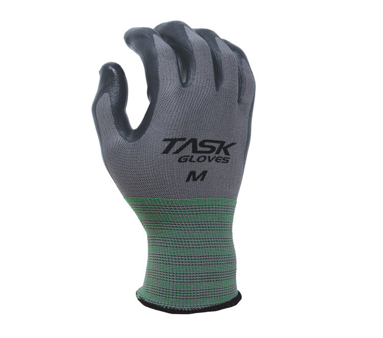 TASK GLOVES - 13 Gauge Gray Gloves, Polyester shell, Black Nitrile palm coated - Quantity 12 Pair