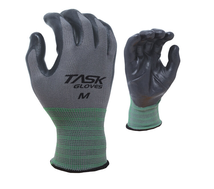 TASK GLOVES - 13 Gauge Gray Gloves, Polyester shell, Black Nitrile palm coated -VEND PACKAGING - Quantity 12 Pair