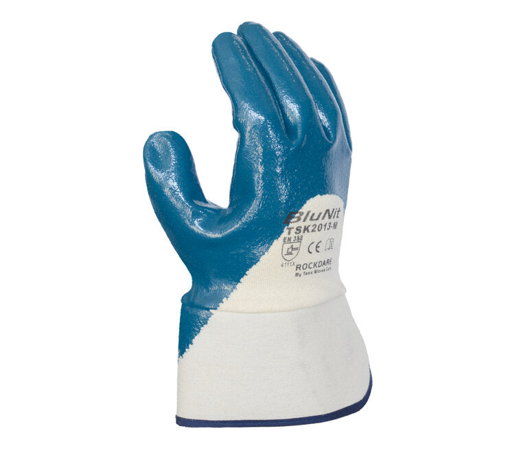 TASK GLOVES - Heavy weight Gloves, Blue Nitrile Palm and Knuckle coated, Smooth finish, Cotton Lined, 2 1/2" plasticized safety cuff - Quantity 12 Pair