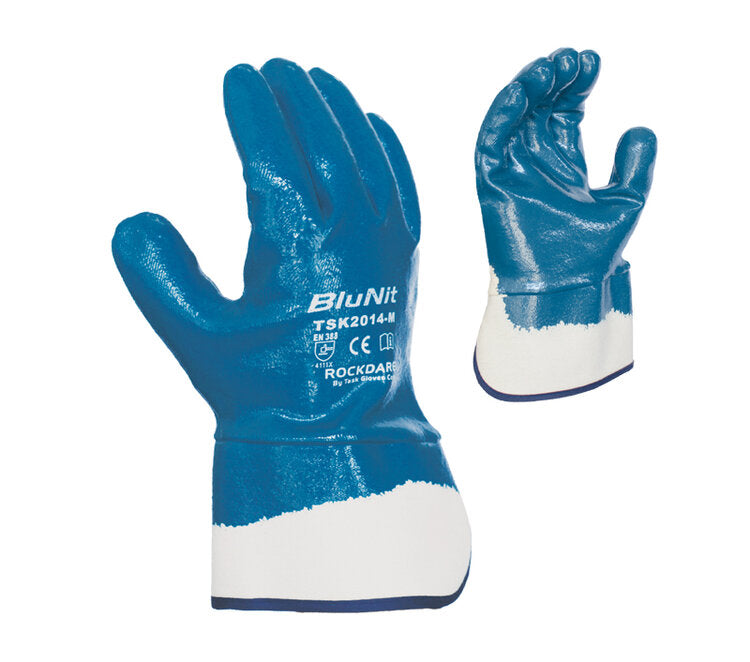 TASK GLOVES - Heavy weight Gloves, Blue Nitrile Fully coated, Smooth finish, Cotton Lined, 2 1/2" plasticized safety cuff - Quantity 12 Pair