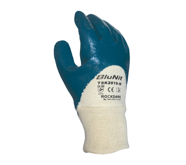 TASK GLOVES - Heavy weight Gloves, Blue Nitrile Palm and Knuckle coated, Smooth finish, Cotton Lined, Knit Wrist - Quantity 12 Pair