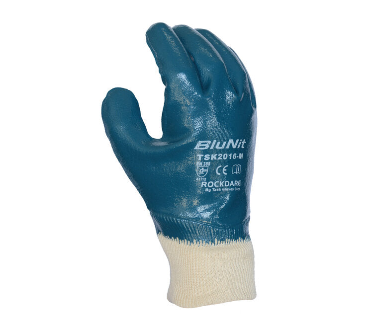 TASK GLOVES - Heavy weight Gloves, Blue Nitrile Fully coated, Smooth finish, Cotton Lined, Knit Wrist - Quantity 12 Pair