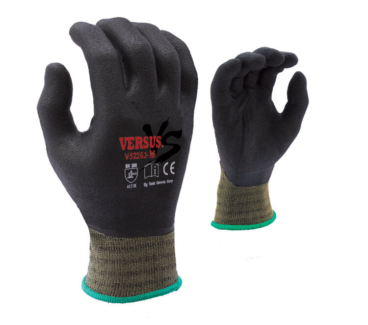 TASK GLOVES - VERSUS® - 15 Gauge Camo Green Gloves, Hi-Elasticity Nylon shell, Black Micro-Foam Nitrile Fully coated