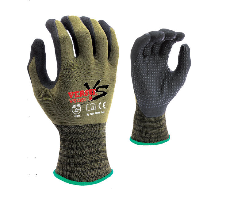 TASK GLOVES - VERSUS® - 15 Gauge Camo Green Gloves, Hi-Elasticity Nylon shell, Black Micro-Foam Nitrile Palm coated with Nitrile dots - Quantity 12 Pair