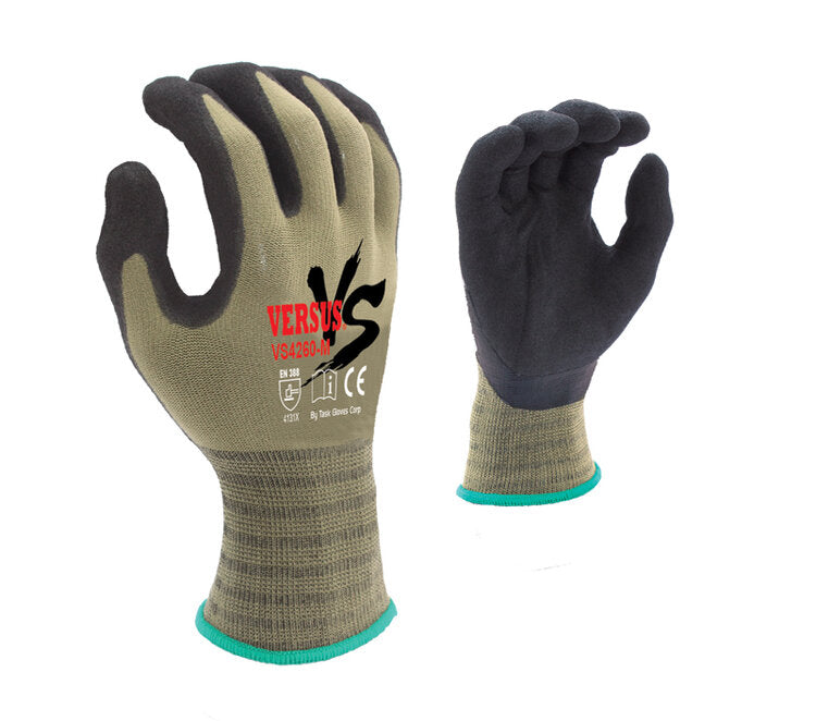 TASK GLOVES - VERSUS® - 15 Gauge Camo Green Gloves, Hi-Elasticity Nylon shell, Black RevoTek® Palm coated, Double dipped - Quantity 12 Pair