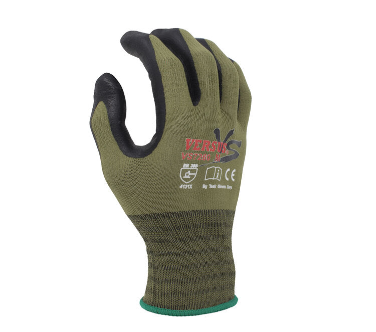 TASK GLOVES - VERSUS® - 15 Gauge Camo Green Gloves, Hi-Elasticity Nylon shell, Black Soft-Foam Nitrile Palm coated, Three Finger Touchscreen compatible - Quantity 12 Pair