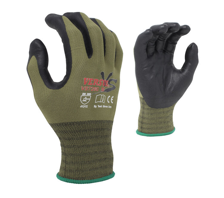 TASK GLOVES - VERSUS® - 15 Gauge Camo Green Gloves, Hi-Elasticity Nylon shell, Black Soft-Foam Nitrile Palm coated, Three Finger Touchscreen compatible - Quantity 12 Pair