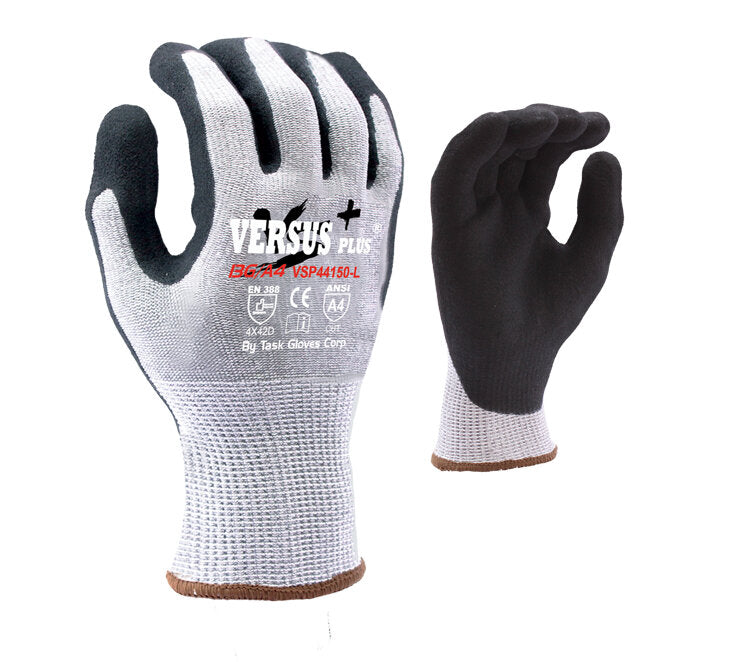 TASK GLOVES - Versus Plus® - 13 gauge Gray Gloves, Turnbull® yarn, Black RevoTek® Palm coated, ANSI A4 - Quantity 12 Pair