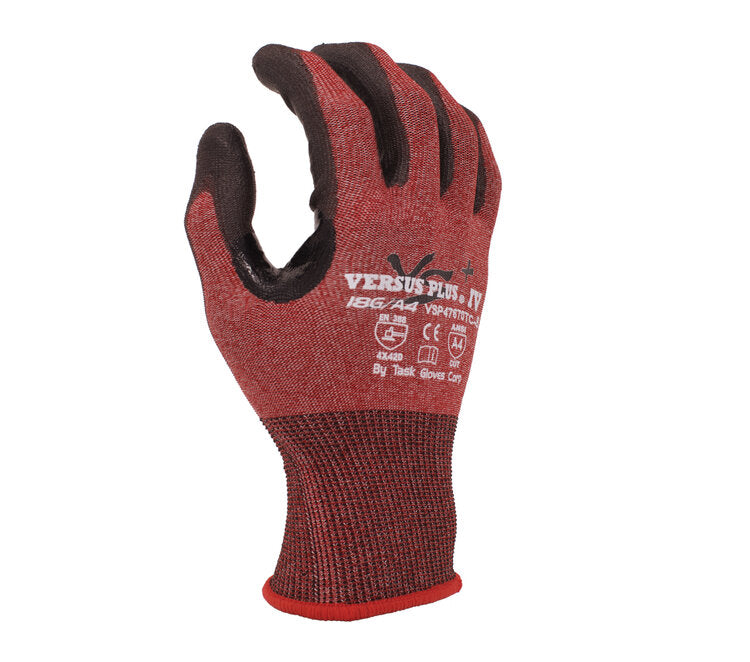 TASK GLOVES - Versus Plus® - 18 Gauge Red Gloves, Falstone™ Fiber shell, Black Polyurethane Palm coated, Reinforced Nitrile Thumb Saddle, ANSI A4, Touchscreen compatible