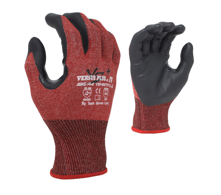 TASK GLOVES - Versus Plus® - 18 Gauge Red Gloves, Falstone™ Fiber shell, Black Soft-Foam Nitrile Palm coated, Reinforced Thumb Saddle, ANSI A4, Touchscreen compatible - Quantity 12 Pair