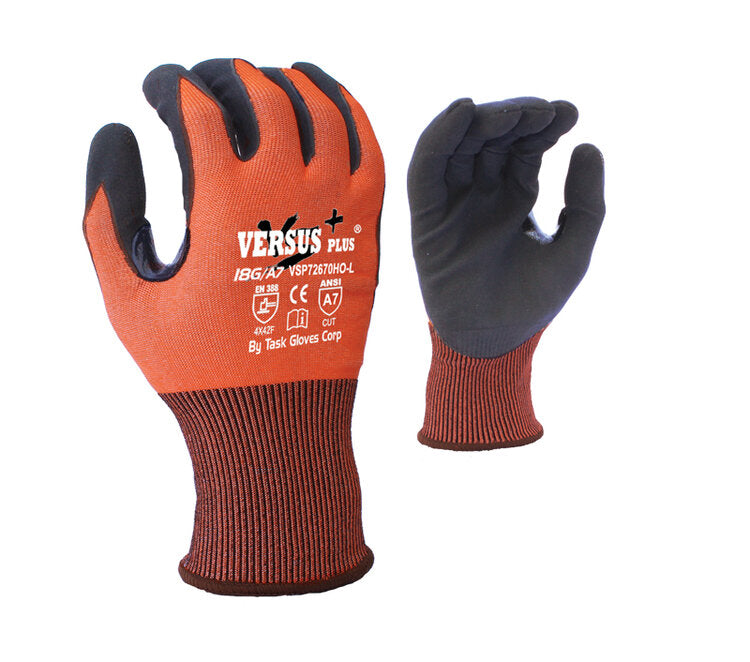 TASK GLOVES - Versus Plus® - 18 Gauge Hi-Vis Orange Gloves, Falstone™ Fiber shell, Black Micro-Foam Nitrile coated palm and fingers, Reinforced Thumb Saddle, Touchscreen compatible, ANSI A7 - Quantity 12 Pair