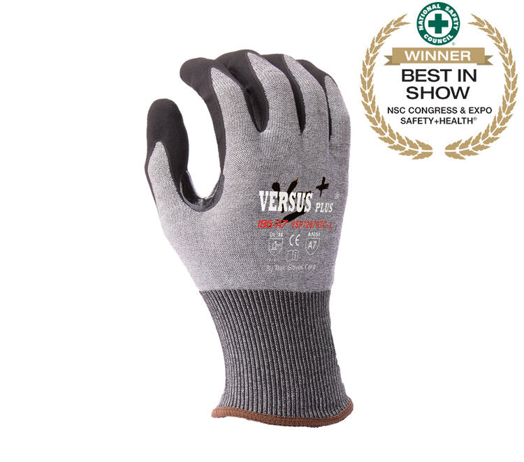 TASK GLOVES - Versus Plus® - 18 Gauge Gloves, Falstone™ Fiber shell, Black Micro-Foam Nitrile coated palm and fingers, Reinforced Thumb Saddle, Touchscreen compatible, ANSI A7 - Quantity 12 Pair