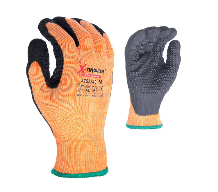 TASK GLOVES - X-TINGUISH - 10 Gauge Gloves, Aramid shell, Polyester terry cloth inner lined, Black Sandy Nitrile palm coated with Nitrile dots, ANSI 2 - Quantity 12 Pair