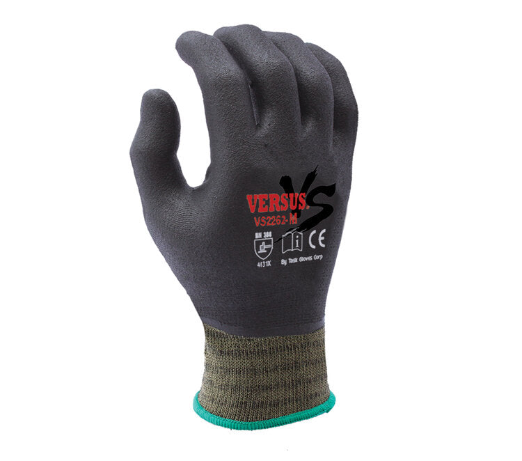 TASK GLOVES - VERSUS® - 15 Gauge Camo Green Gloves, Hi-Elasticity Nylon shell, Black Micro-Foam Nitrile Fully coated